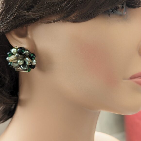 Vintage Cluster Beaded CLIP-ON Earrigns Glass Art Antique Beads Silvery Grey mix - Picture 2 of 11